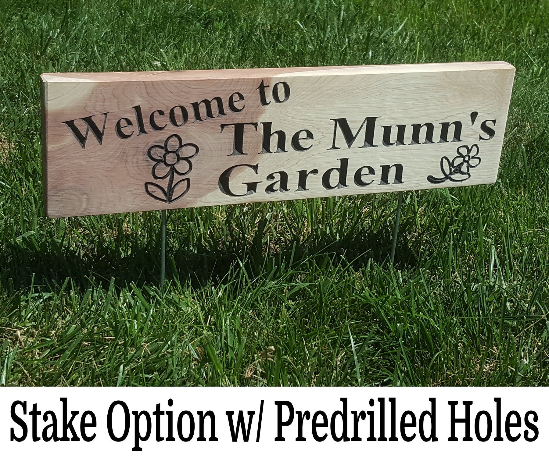 Garden Sign Personalized Name Custom Routed Wood Cedar Sign With Simple Graphics Flowers Free-Standing w/ Stakes or Keyhole Slot 5x18"