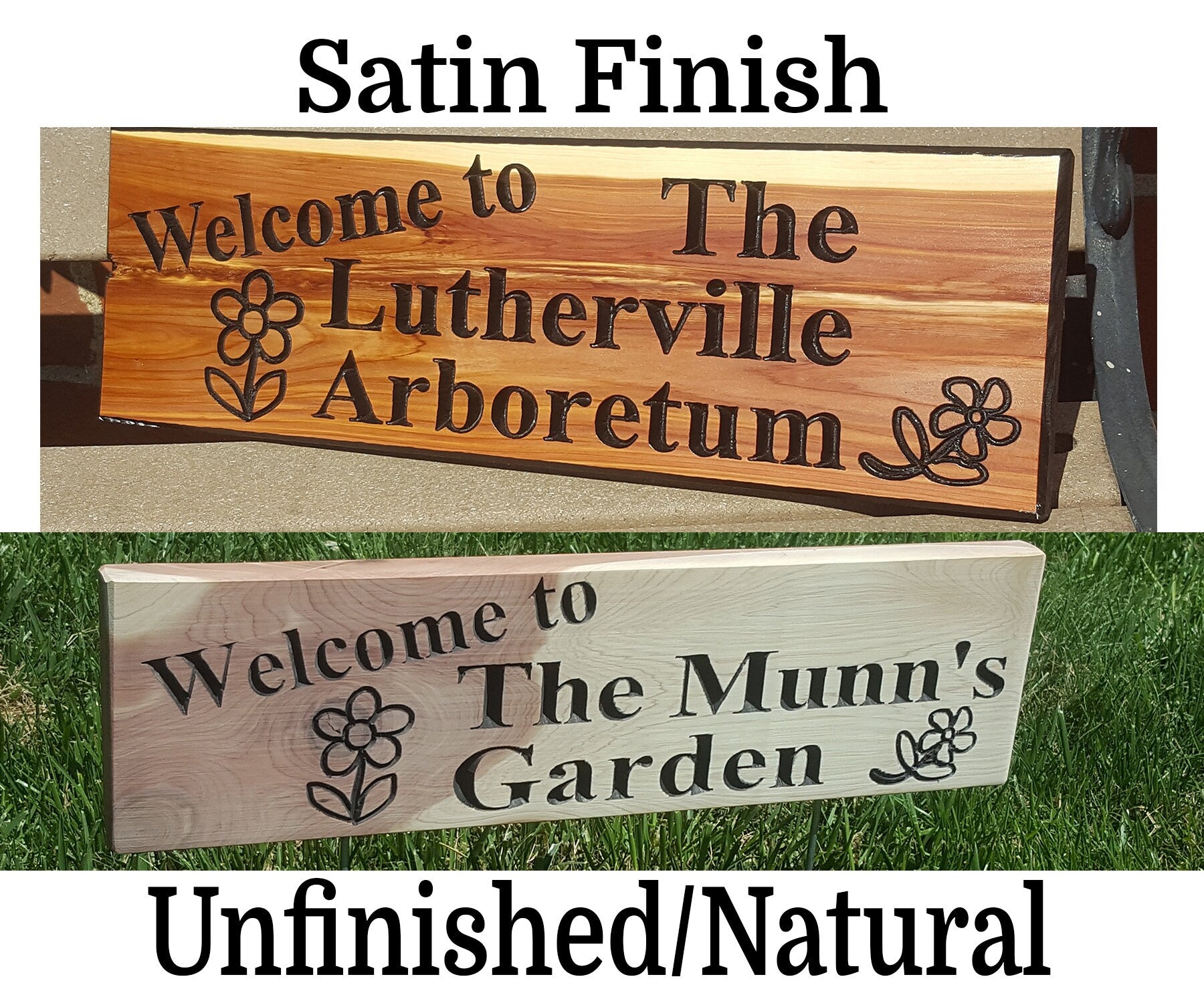 Garden Sign Personalized Name Custom Routed Wood Cedar Sign With Simple Graphics Flowers Free-Standing w/ Stakes or Keyhole Slot 5x18"
