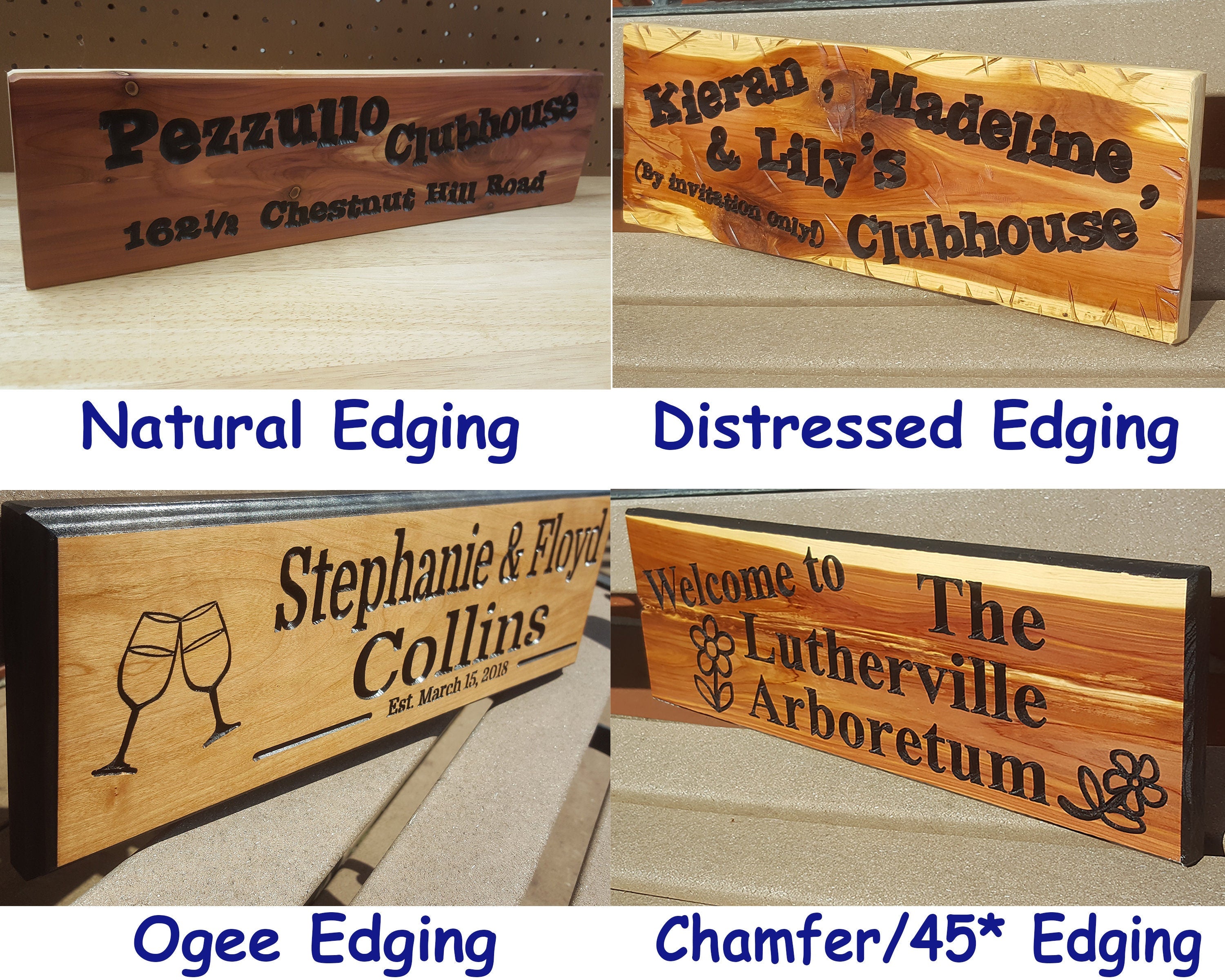 Garden Sign Personalized Name Custom Routed Wood Cedar Sign With Simple Graphics Flowers Free-Standing w/ Stakes or Keyhole Slot 5x18"
