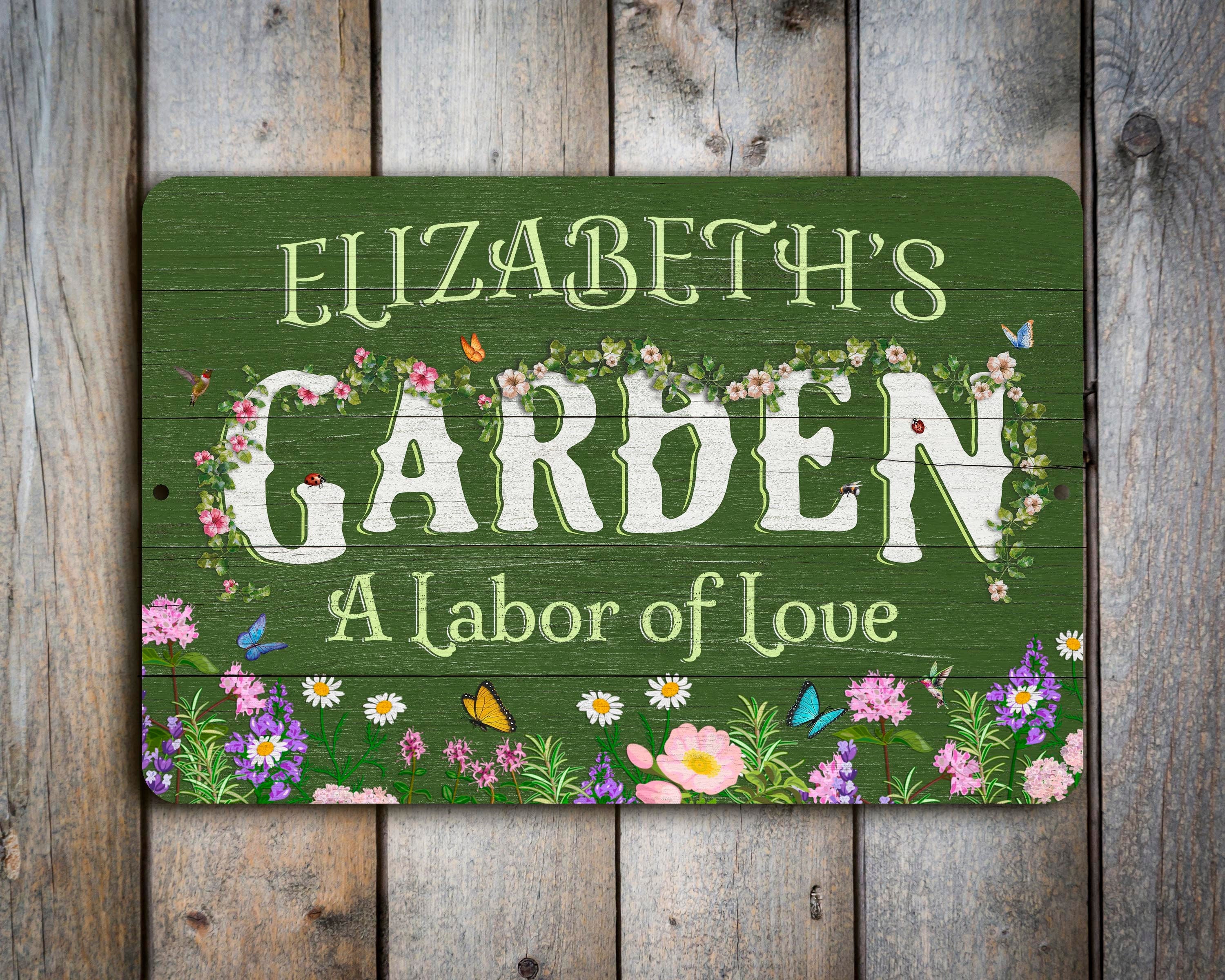 Custom Flower Garden Sign, Personalized Metal Garden Decor, Farmhouse Green Weathered Wood Design, Gift for Mom