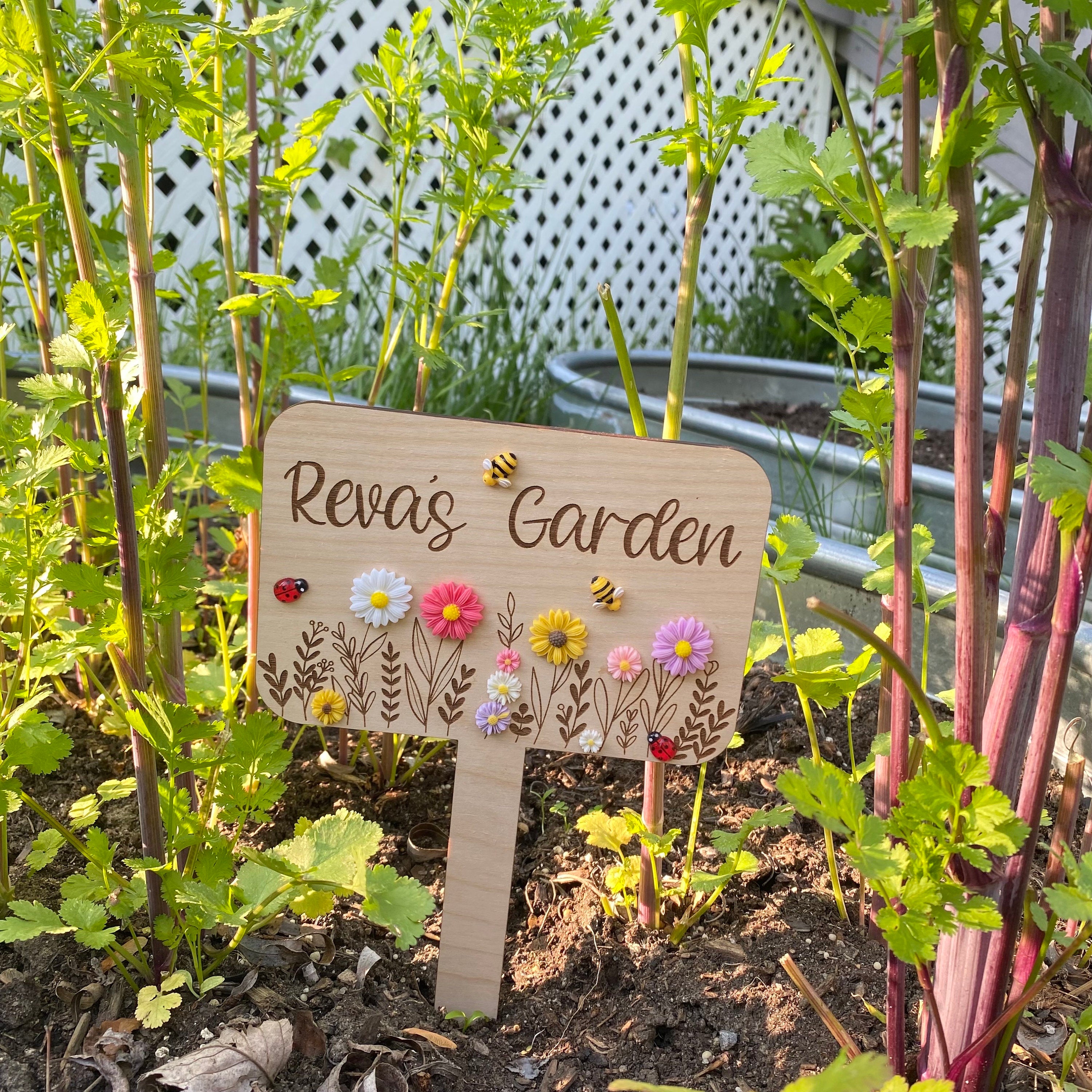 Personalized Garden Marker with Flowers Bees and Ladybugs, Custom Garden Stake, Children's Garden Sign, Garden Plaque, Mother's Day Gift