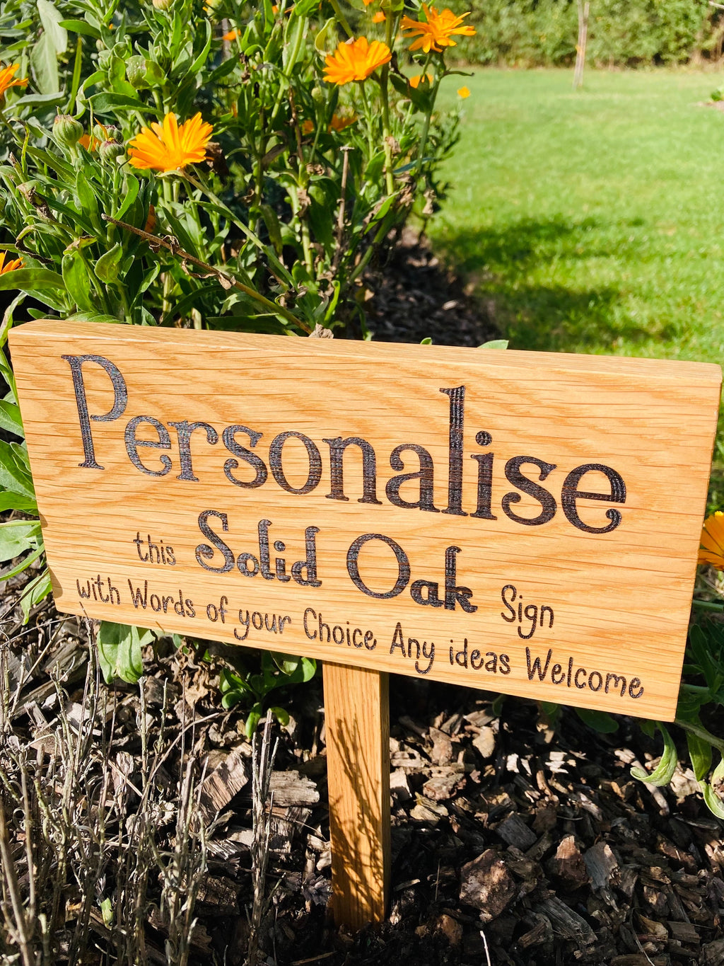 Soild Oak personalised Ground Stake sign/ garden sign(words of your Choice) you can add a picture to this, Please LOOK at PICTURES for IDEAS