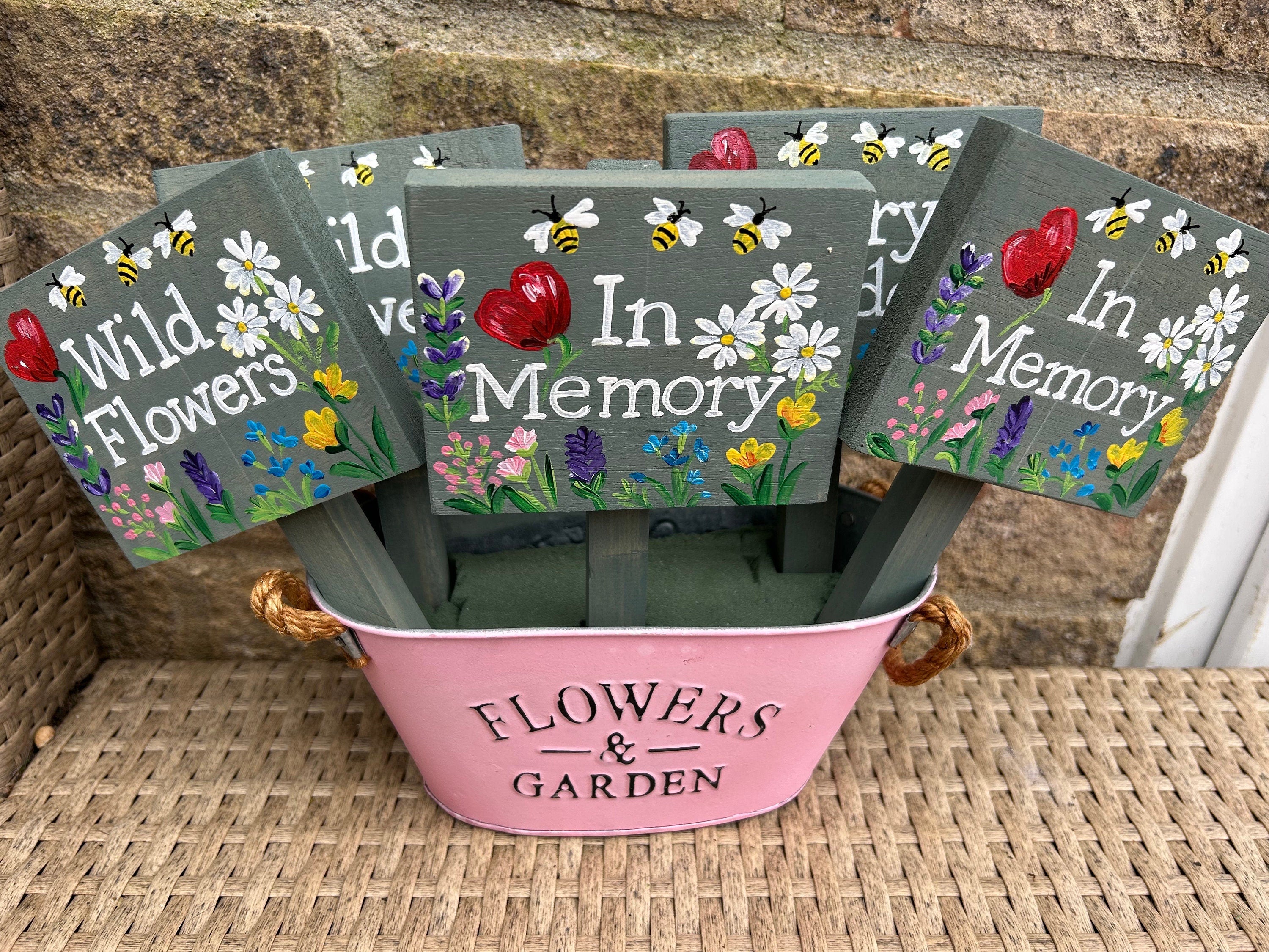 Personalised Pink Wild Flowers Garden Plaque, Planter Sign, Allotment Sign & Stake,  Gardeners Gift, In Memory, Mum’s Garden, Plot Marker