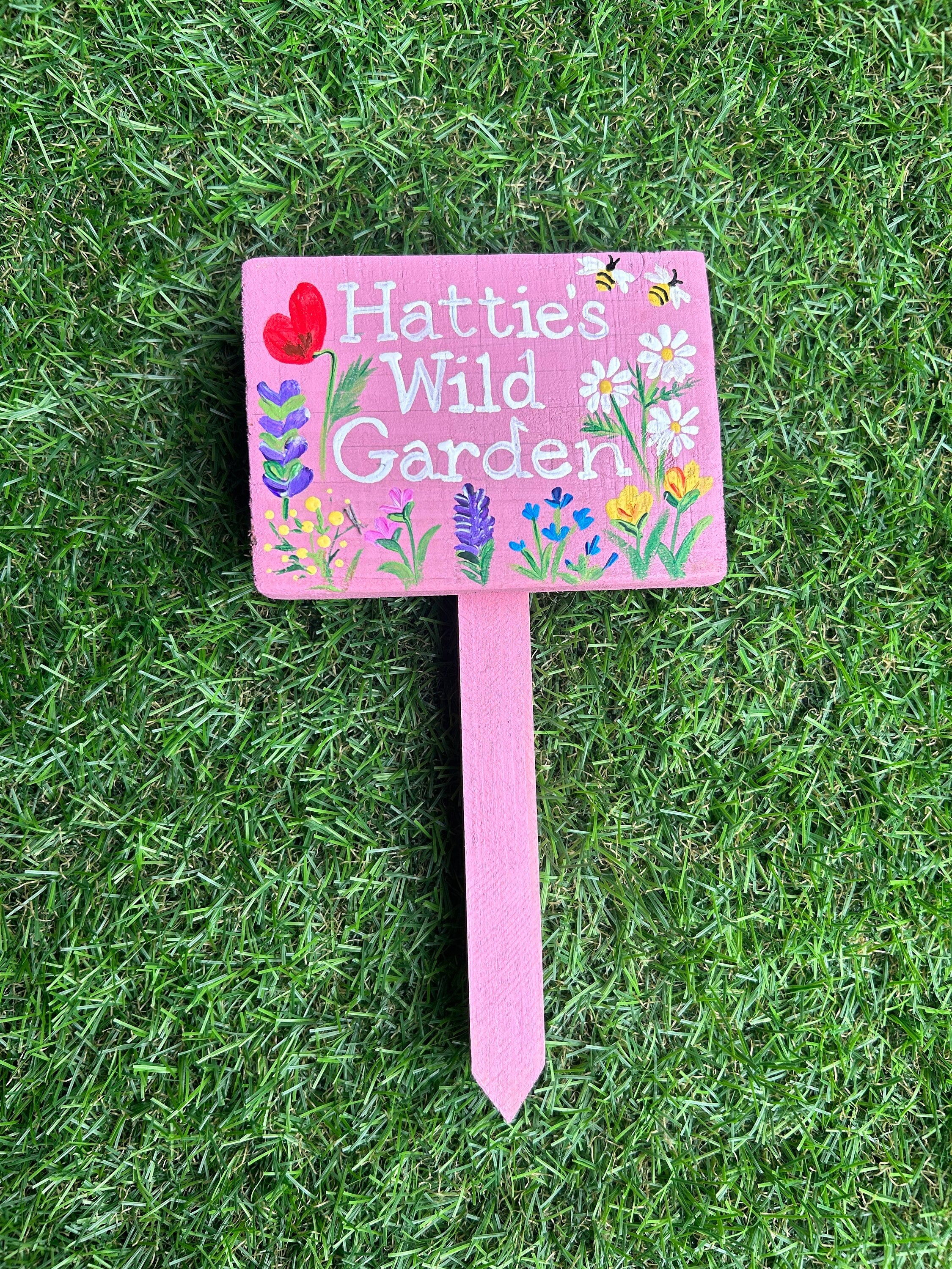 Personalised Pink Wild Flowers Garden Plaque, Planter Sign, Allotment Sign & Stake,  Gardeners Gift, In Memory, Mum’s Garden, Plot Marker