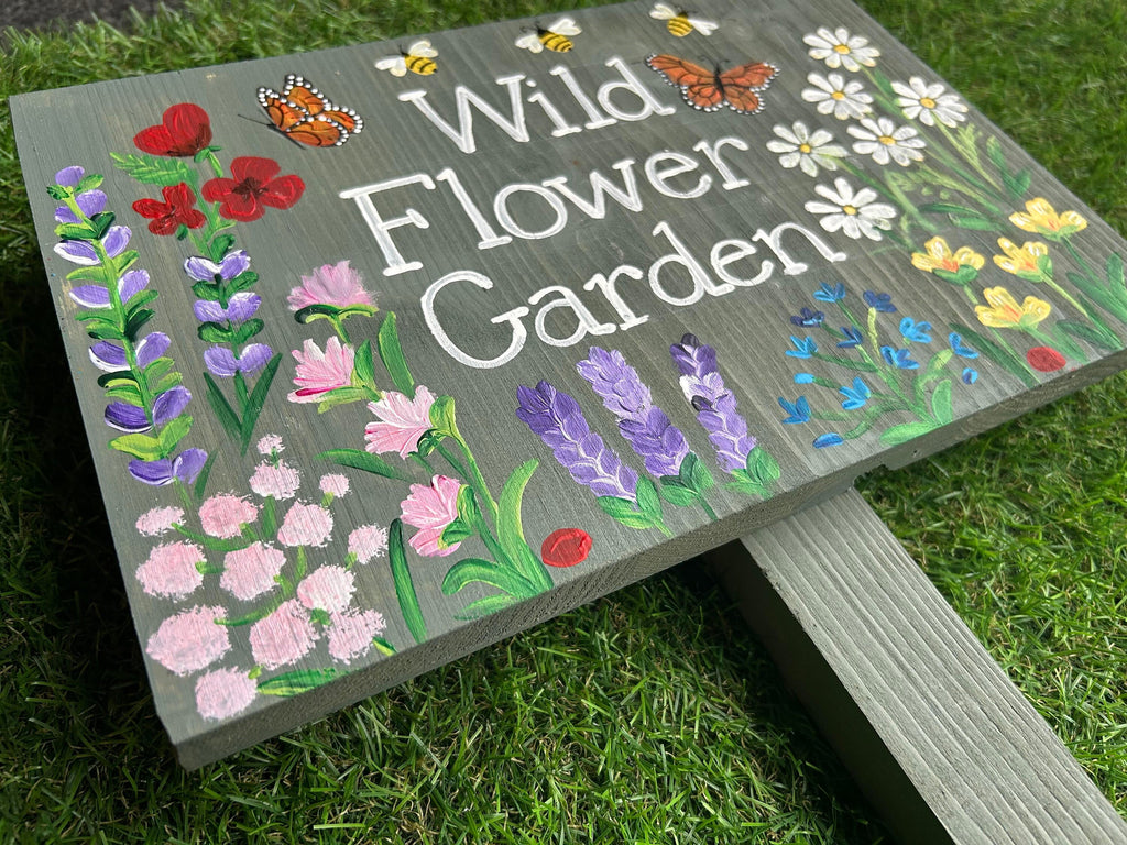 Personalised Wild Flowers Garden Plaque, Wooden Hand Painted Sign with Stake, 20cm x 30cm, Gardener Gift, Allotment Sign, Grandad Garden
