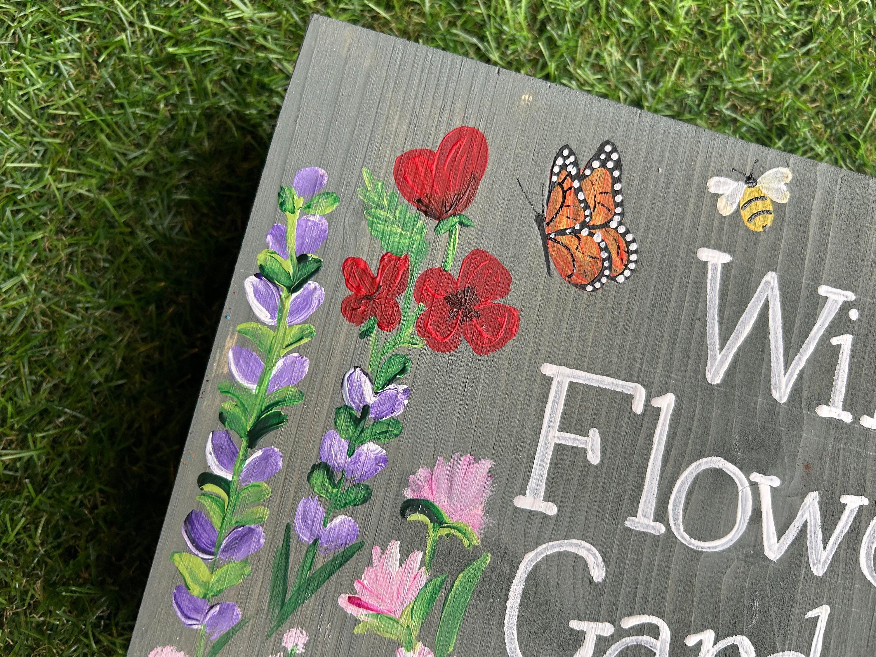 Personalised Wild Flowers Garden Plaque, Wooden Hand Painted Sign with Stake, 20cm x 30cm, Gardener Gift, Allotment Sign, Grandad Garden