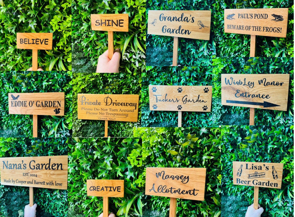 Soild Oak personalised Ground Stake sign/ garden sign(words of your Choice) you can add a picture to this, Please LOOK at PICTURES for IDEAS