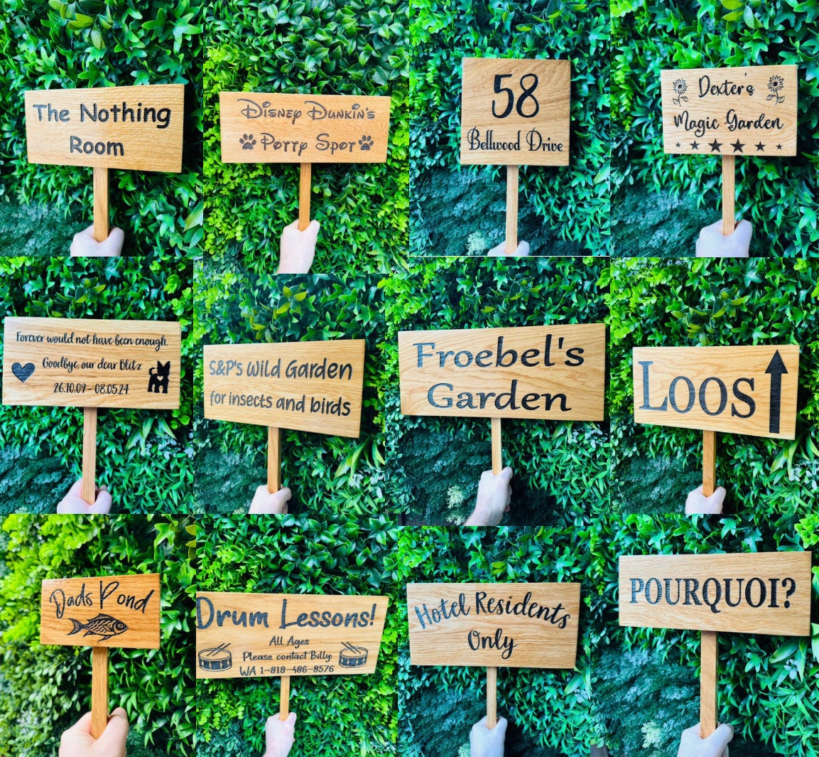 Soild Oak personalised Ground Stake sign/ garden sign(words of your Choice) you can add a picture to this, Please LOOK at PICTURES for IDEAS