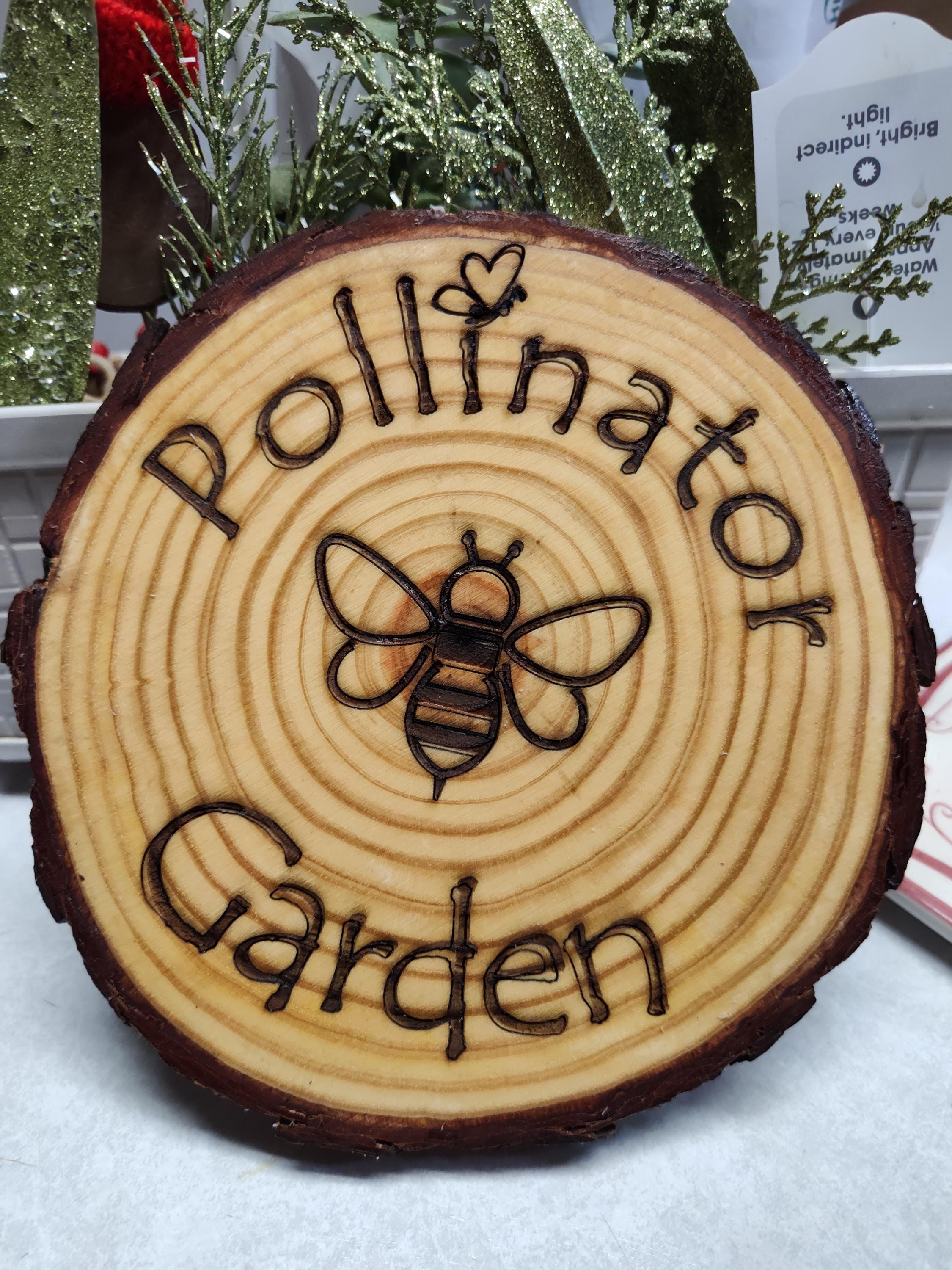 Pollinator Sign - Custom Raw Edged Wooden Garden Decor Bee or Butterfly, Eco-Friendly Plant Marker, Unique Handmade Outdoor Sign