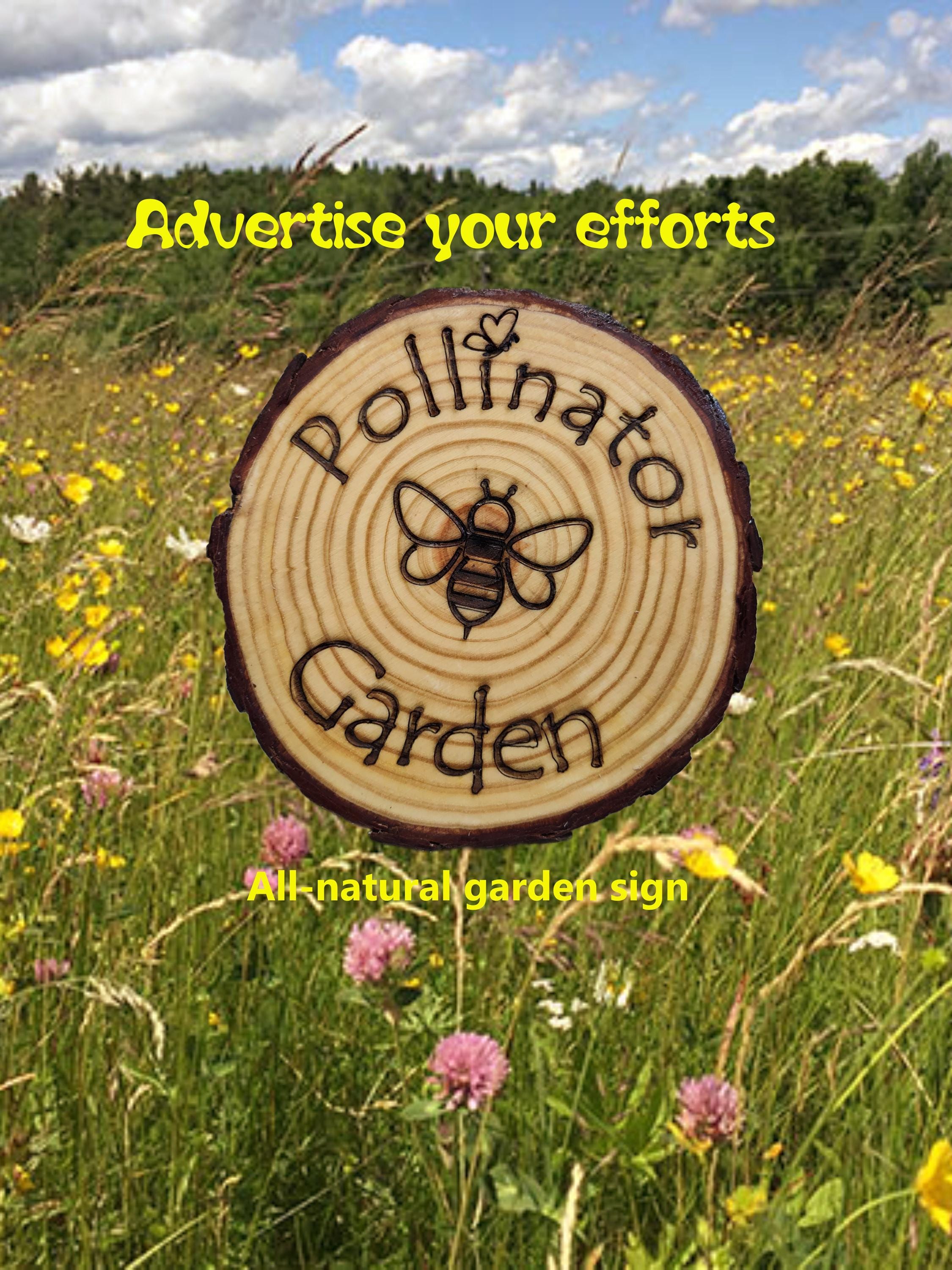 Pollinator Sign - Custom Raw Edged Wooden Garden Decor Bee or Butterfly, Eco-Friendly Plant Marker, Unique Handmade Outdoor Sign