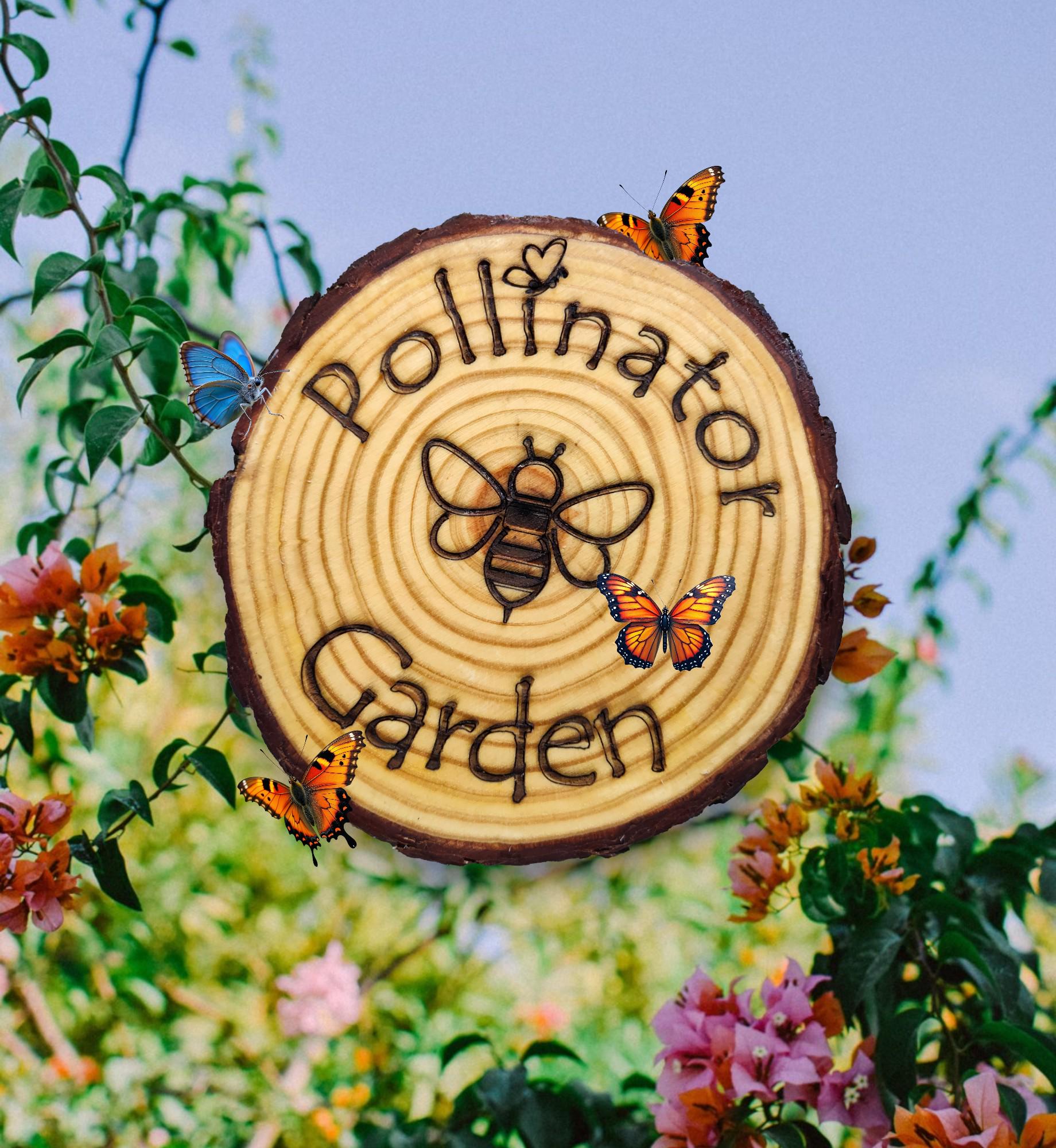 Pollinator Sign - Custom Raw Edged Wooden Garden Decor Bee or Butterfly, Eco-Friendly Plant Marker, Unique Handmade Outdoor Sign