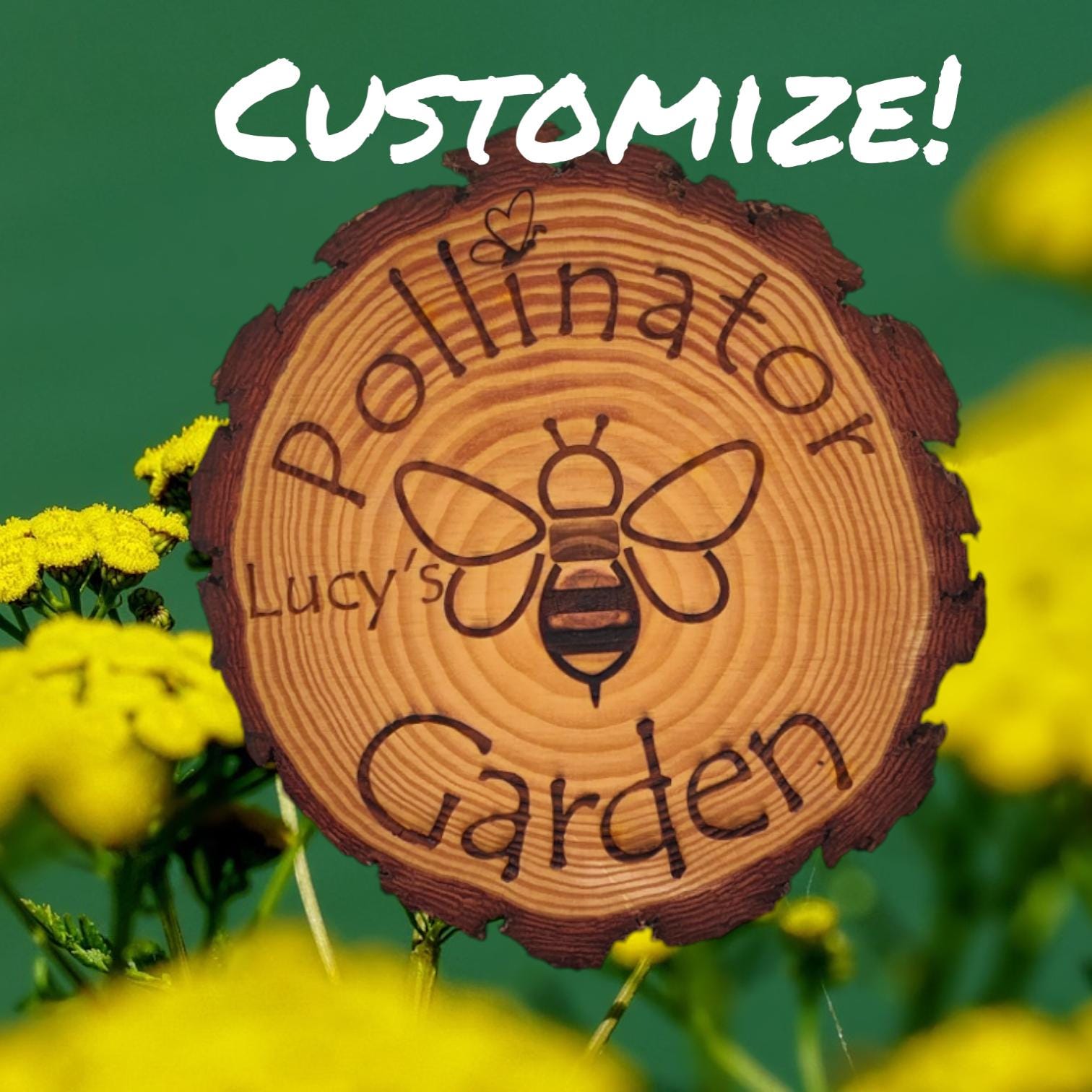 Pollinator Sign - Custom Raw Edged Wooden Garden Decor Bee or Butterfly, Eco-Friendly Plant Marker, Unique Handmade Outdoor Sign