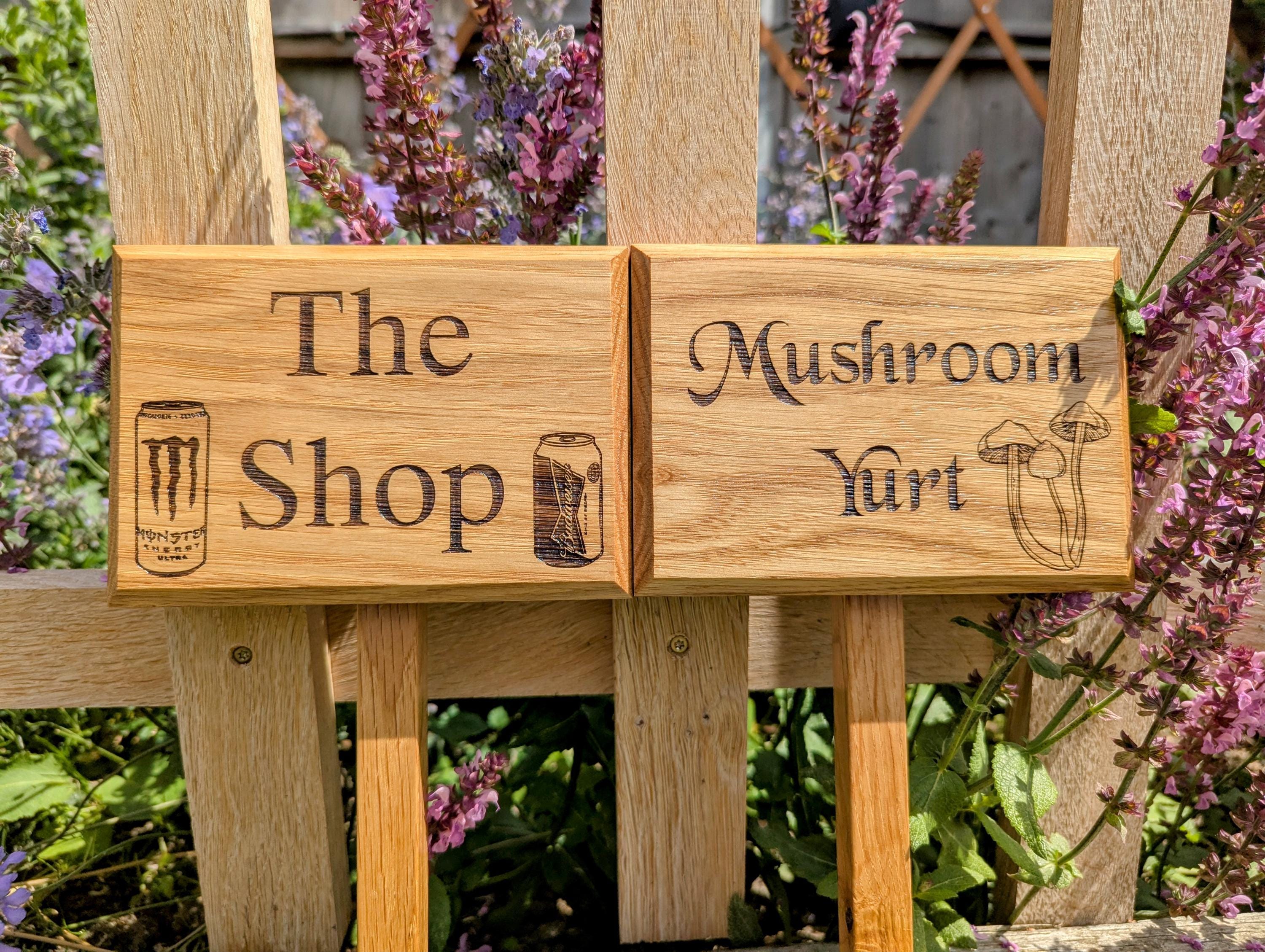 Personalised engraved garden sign with ground stake attached.  Made from solid oak Text and images can be added.