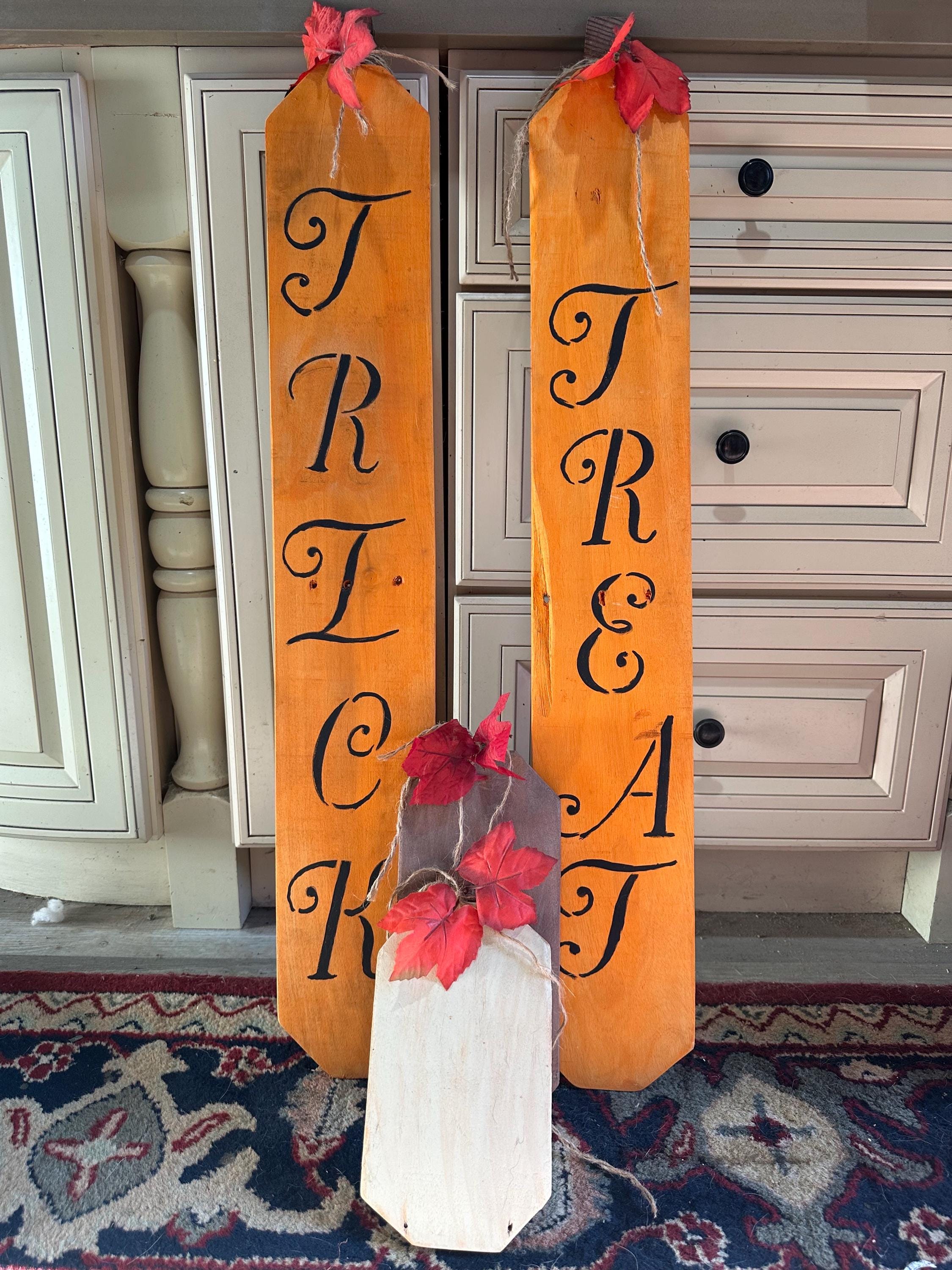 Wood Pumpkin Trick or Treat Porch Leaner Signs